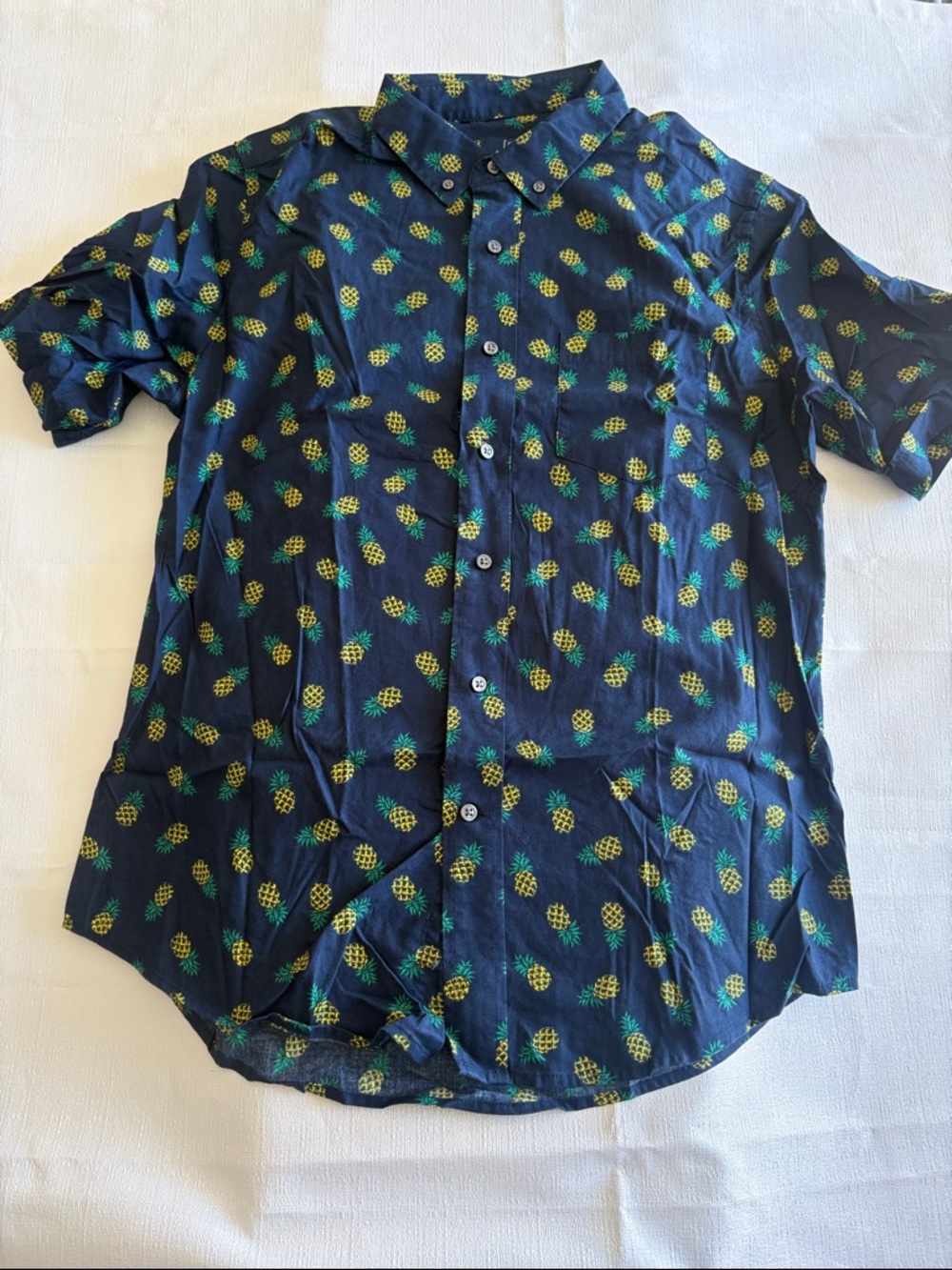 George Navy Short-Sleeve Button-Down with Yellow & Green Pineapple Print #25